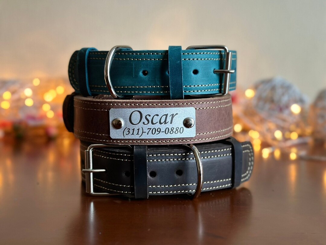 Engraved Thick Leather Dog Collar With Leather or Metal Plate, Thick Dog Collar, Custom Dog