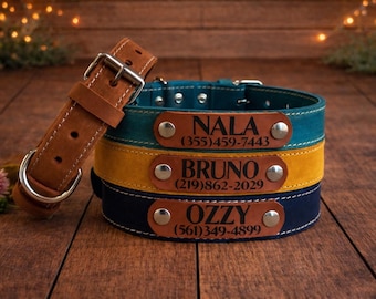 Personalized Leather Dog Collar, Engraved Name Plate, Custom Pet ID