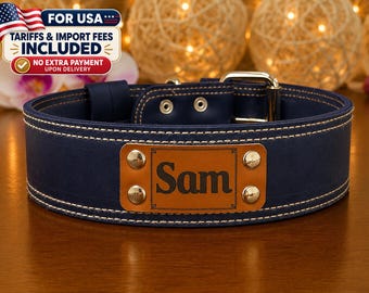 Personalized Leather Dog Collar, Engraved Custom Pet ID, 2-inch Wide