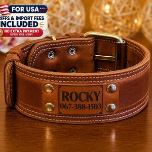 Puede incluir: Un collar de perro ancho de cuero marrón con costuras blancas en contraste, una hebilla de metal dorado y una placa de identificación rectangular fijada con cuatro remaches. La placa está grabada con el nombre ROCKY y el número 067-388-1503.