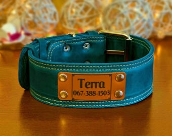 Personalized Thick Leather Dog Collar, Engraved Name Plate, 2 inch Wide