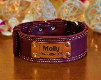 Personalized Leather Dog Collar, Engraved Custom Pet ID, 2-inch Wide