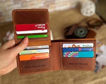 Personalized Crazy Horse Leather Wallet, Engraved Card Holder, Father's Day Gift