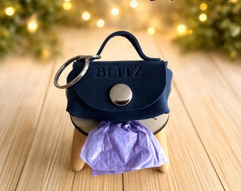Personalized Leather Dog Poop Bag Holder - Dark blue Waste Bag