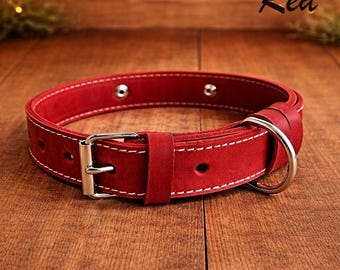 Personalized Red Leather Dog Collar, Custom Name Plate, Double Layer Pet Accessory