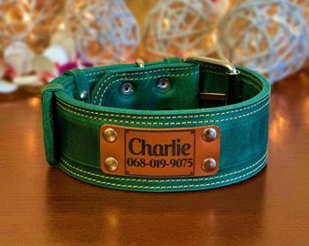 Engraved Thick Leather Dog Collar, Custom Name Plate, Wide Collar