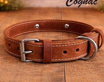 Personalized Leather Dog Collar, Engraved Name Plate, Double Layer Pet Accessory