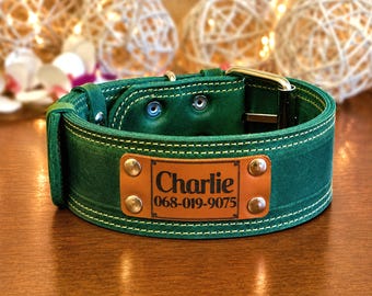 Personalized Thick Leather Dog Collar, Engraved Name Plate, 2 inch Wide