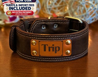 Engraved Leather Dog Collar, Wide Solid Leather, Custom Pet ID