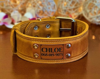 Wide Leather Dog Collar with Engraved Name Plate, Thick Leather