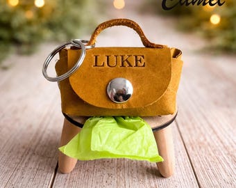 Personalized Leather Dog Poop Bag Holder - Camel Waste Bag