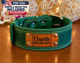 Personalized Thick Leather Dog Collar, Engraved Name Plate, 2 inch Wide