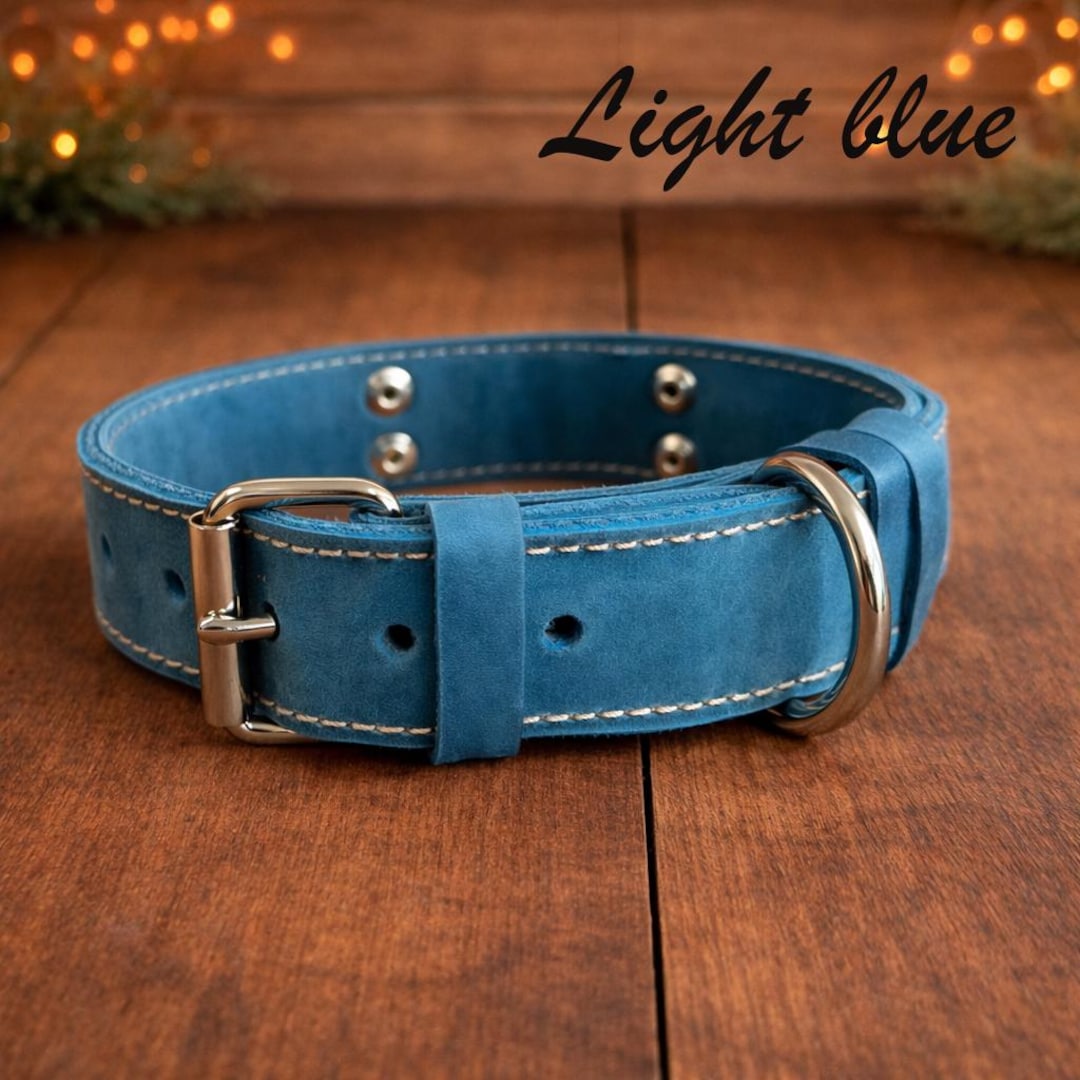 Personalized Light Blue Leather Dog Collar, Engraved Name Plate, Custom ...
