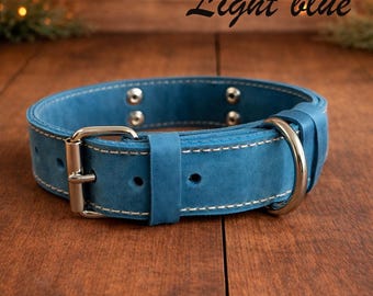 Personalized Light Blue Leather Dog Collar, Engraved Name Plate, Custom Double Layer Pet Collar