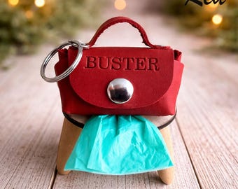 Personalized Leather Dog Poop Bag Holder - Red Waste Bag