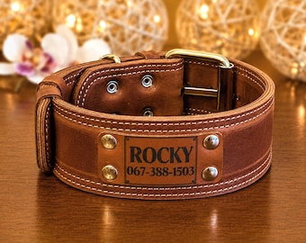 Heavy-Duty Leather Dog Collar 2 inch, Personalized Wide, Sturdy, Thick