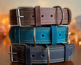 Personalized Thick Leather Dog Collar, Engraved Name Plate