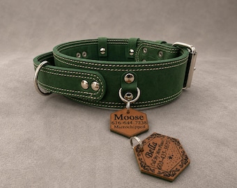 Heavy Duty Leather Dog Collar with Handle and Leather Name Plate Keychain