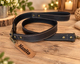 Personalized Leather Dog Leash, Custom Name Tag, Padded Handle, Crazy Horse Leather