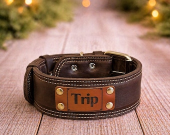 Personalized Thick Leather Dog Collar, Solid Sturdy Collar