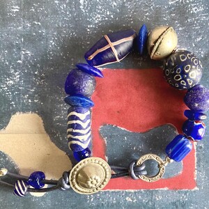 Unique Navy blue white Africa Indonesia Asia handmade bracelet, Murano chevron trade bead, Jatim glass , Ethiopian silver, old Kuchi beads