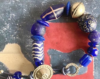 Unique Navy blue white Africa Indonesia Asia handmade bracelet, Murano chevron trade bead, Jatim glass , Ethiopian silver, old Kuchi beads