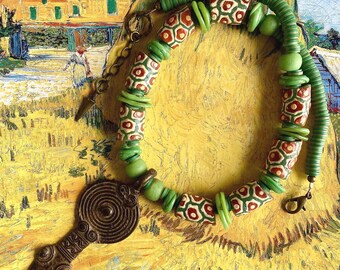 Green unisex handmade ethnic tribal necklace with African handcrafted beads
