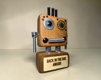 Steampunk Robot Trophy – Wooden Custom Award with Plaque – Winfredus by The Fuzzy Wonders