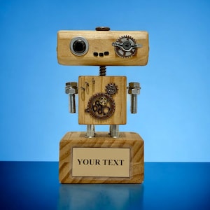 Rupertus - Wooden Steampunk Robot Trophy (Customisable) (SciFi Fantasy Strange Unique Award Goth Cup Industrial Unique Prize Trophy Award)