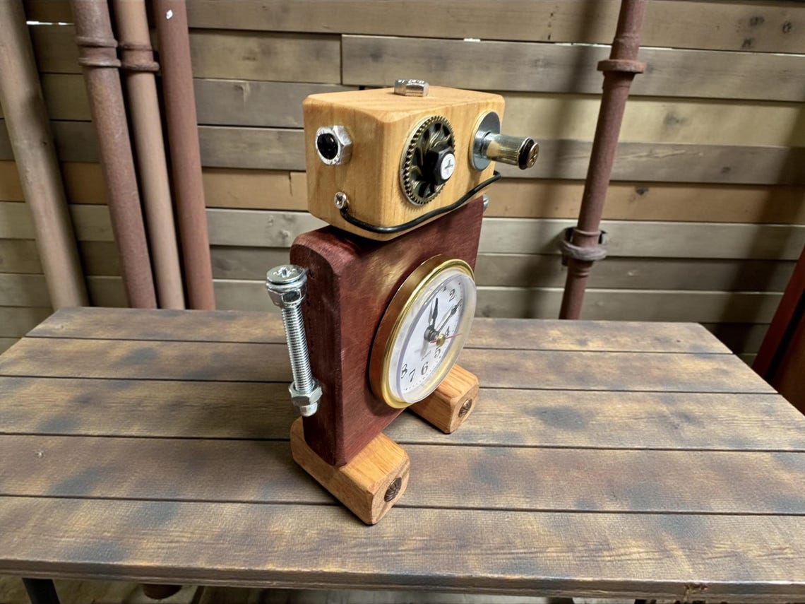 Steampunk Countdown Timer Timothy - Wooden Steampunk Robot Clock - Arabic Numerals (scifi Fantasy ...