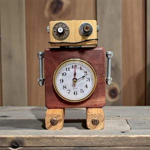 Timothy - Wooden Steampunk Robot Clock - Arabic Numerals (SciFi Fantasy Strange Unique Industrial Unique Clock Timepiece Timekeeper Timer)