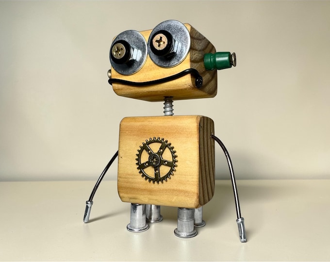 Cute Steampunk Robot – Wooden Robot Figurine, Sci-Fi Industrial Decor – Theodor by The Fuzzy Wonders