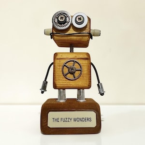 Steampunk Robot Sculpture – Handmade Wooden Mechanical Figurine with Custom Plaque Base, Industrial Sci-Fi Decor, Theodorus