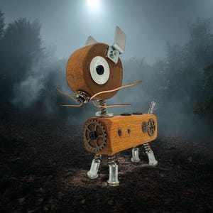 Emma - Wooden Steampunk Cat (SciFi Fantasy Odd Strange Unique Art Steam Punk Goth Decor Industrial Unique Tech Statue Sculpture Deko)