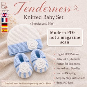 May include: A digital PDF knitting pattern for a baby set featuring a white and light blue hat and matching booties. Each piece is adorned with a white 3D rose. The text includes 'Tenderness Knitted Baby Set', 'Modern PDF - not a magazine scan', and 'Digital PDF Pattern'.
