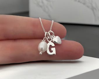 Sterling Silver Initial Necklace, Heart Charm, Pearl Charm Necklace, Curb Chain, Personalised Necklace, Charm Necklace, Gift For Her