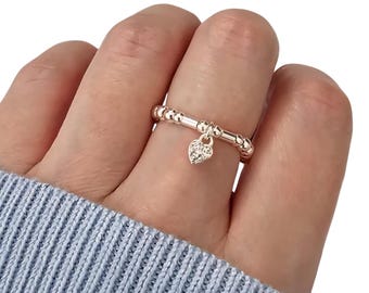 Beaded Stretch Ring, Sterling Silver Stretch Ring, Heart Charm Ring, Stacking Ring, Ring Set, Beaded Stretch Ring Set, Silver Stacking Ring