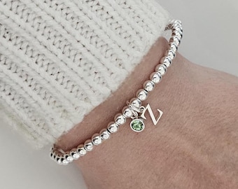 Initial Birthstone Bracelet, Initial Bracelet, Stretch Bracelet, Birthstone Bracelet, Personalised Bracelet, Beaded Bracelet Sterling Silver