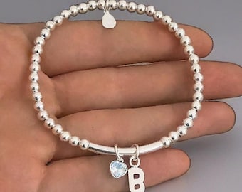 Initial, Birthstone Stretch Bracelet, Birthstone Heart Charm Initial Bracelet,  Personalised Bracelet, Beaded Bracelet Sterling Silver