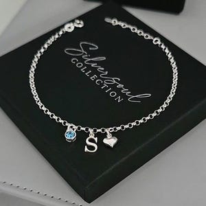 Sterling Silver Initial Bracelet, Birthstone Bracelet, Heart Bracelet, Adjustable Bracelet, Initial and Birthstone Bracelet, Personalised