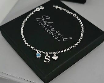 Armband van sterling zilver met initialen, armband met geboortesteen, hartarmband, verstelbare armband, armband met initialen en geboortesteen, gepersonaliseerd