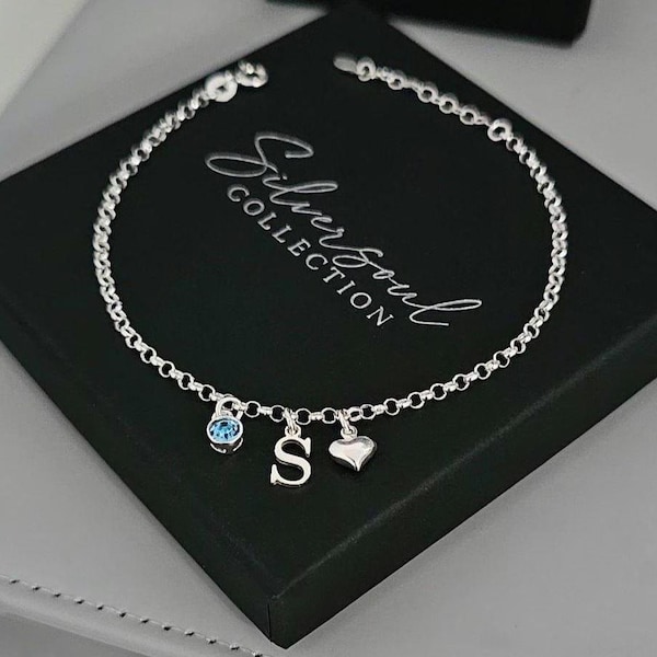 Armband van sterling zilver met initialen, armband met geboortesteen, hartarmband, verstelbare armband, armband met initialen en geboortesteen, gepersonaliseerd