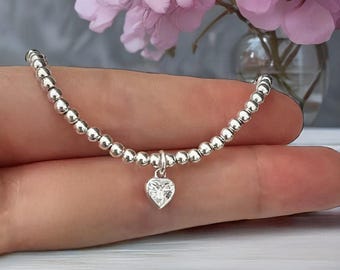 Birthstone Bracelet, Birthstone Bracelet, Stretch Bracelet, Sterling Silver Bracelet, Bracelet, Personalised Bracelet, Beaded Bracelet,Heart