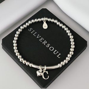 Initial Stretch Bracelet, Heart Charm Initial Bracelet,  Heart Stretch Bracelet, Personalised Bracelet, Beaded Bracelet Sterling Silver