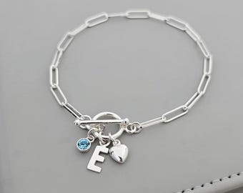 Initial Bracelet, Heart Charm, Birthstone Charm Personalised Sterling Silver Paperclip Bracelet 925