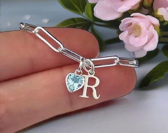 Paperclip Bracelet, Initial Bracelet, Heart Birthstone Bracelet, Paperclip, Link Bracelet, Silver Paperclip Bracelet, 925, Sterling Silver