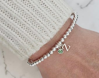 Initial Birthstone Bracelet, Initial Bracelet, Stretch Bracelet, Birthstone Bracelet, Personalised Bracelet, Beaded Bracelet Sterling Silver