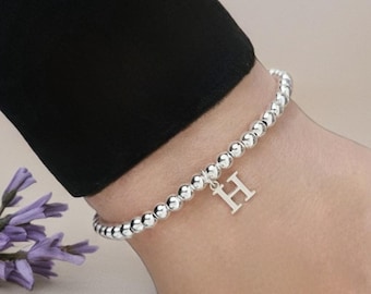 Sterling Silver Bracelet, Initial Bracelet, Stretch Bracelet, Gift For Her, Birthday Bracelet, Personalised Bracelet, Beaded Bracelet,