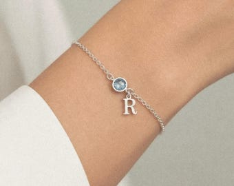 Sterling Silver Initial Bracelet, Birthstone Bracelet, Birthday Bracelet, Adjustable Bracelet, Initial and Birthstone Bracelet, Personalised