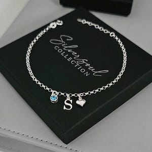 Sterling Silver Initial Bracelet, Birthstone Bracelet, Heart Bracelet, Adjustable Bracelet, Initial and Birthstone Bracelet, Personalised